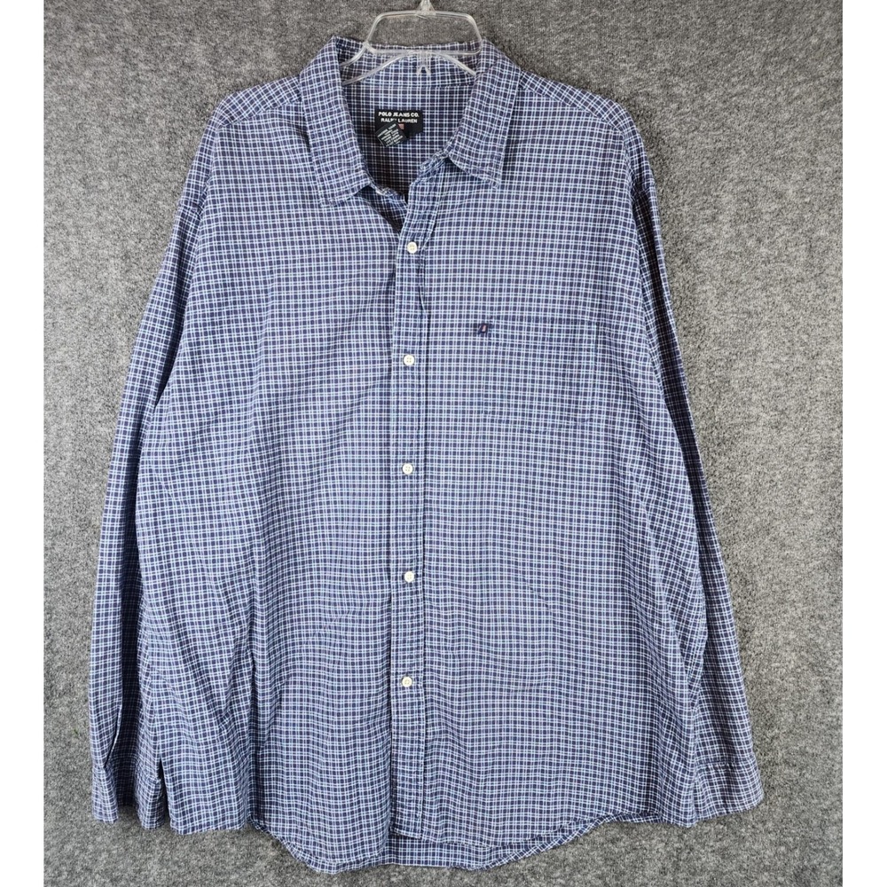 Polo Jeans Co Ralph Lauren Shirt Mens XXL Blue Grid Button Down EUC